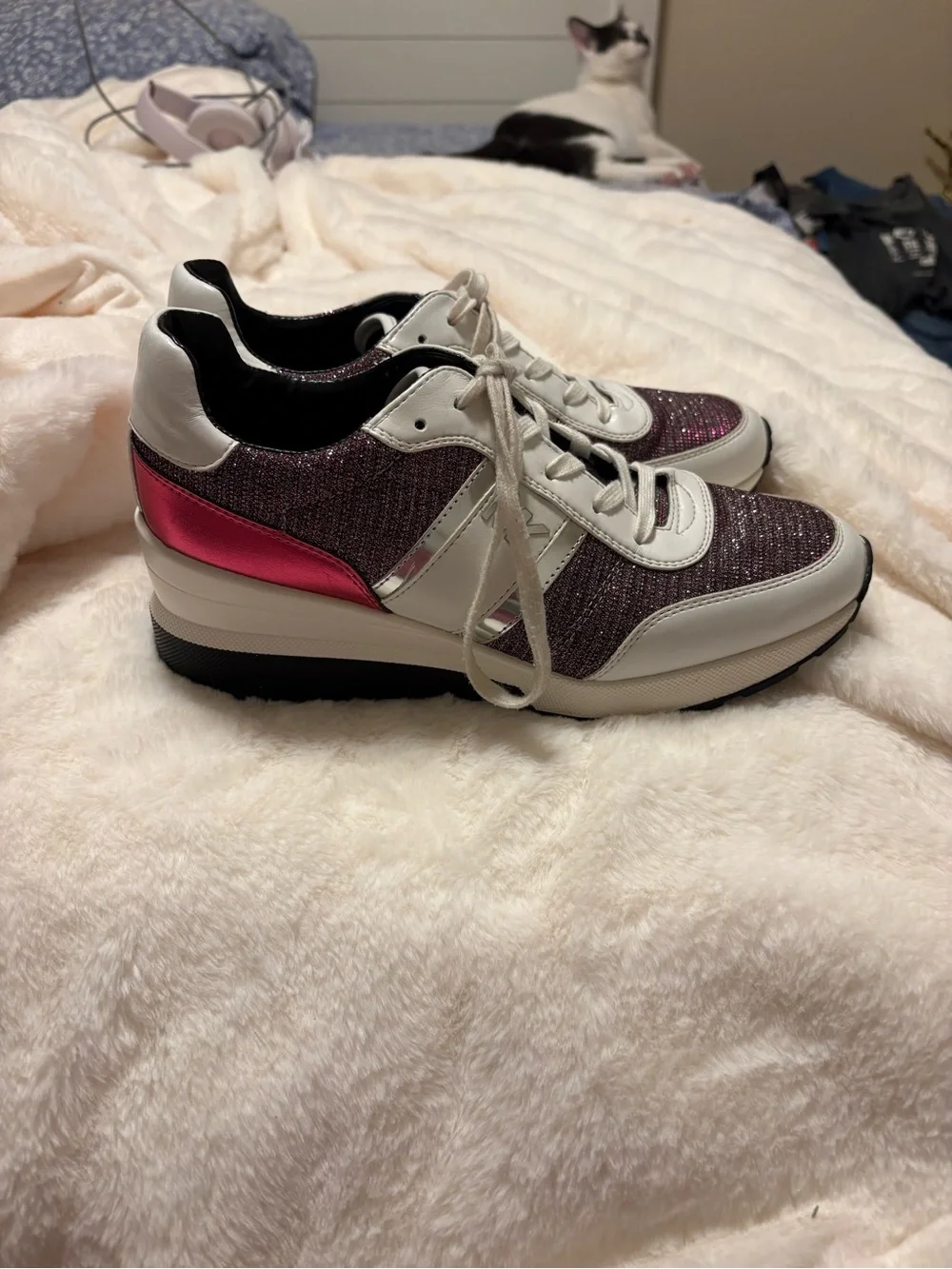 Michael Kors White and Plum Glitter Lace-Up Sneakers